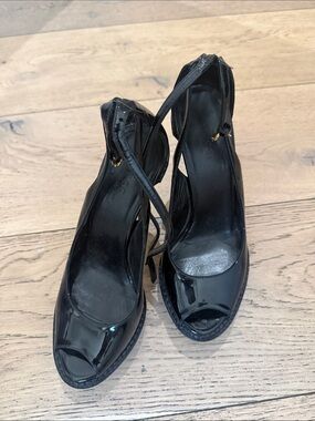Gucci Black Patent Peep-Toe Slingback Heels